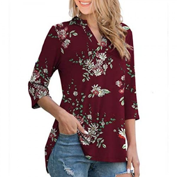 Othyroce Womens Floral Printed Tunic Tops 3/4 Roll Sleeve V Neck ...