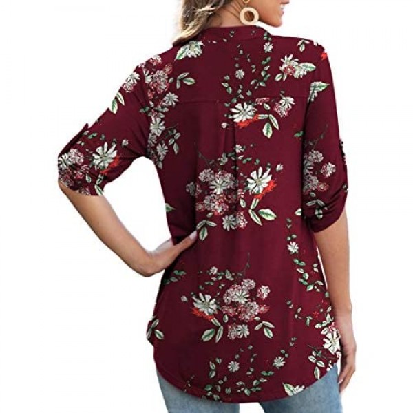 Othyroce Womens Floral Printed Tunic Tops 3/4 Roll Sleeve V Neck Blouses Long Sleeve Shirts for Women