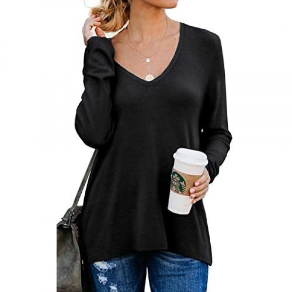 PrinStory Women's Causal V-Neck Soft Raglan Long Sleeves Sweatshirts Tops Basic T-Shirt Split Blouse with Side Zipper
