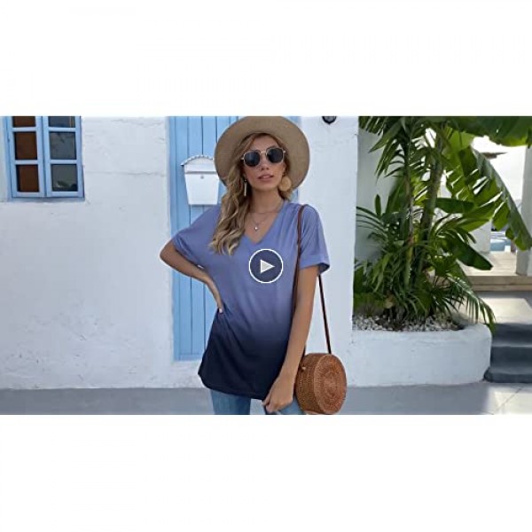 SAMPEEL Womens Tops Short Sleeve Shirts V Neck Ombre Tee T Shirt Side Split Tunic