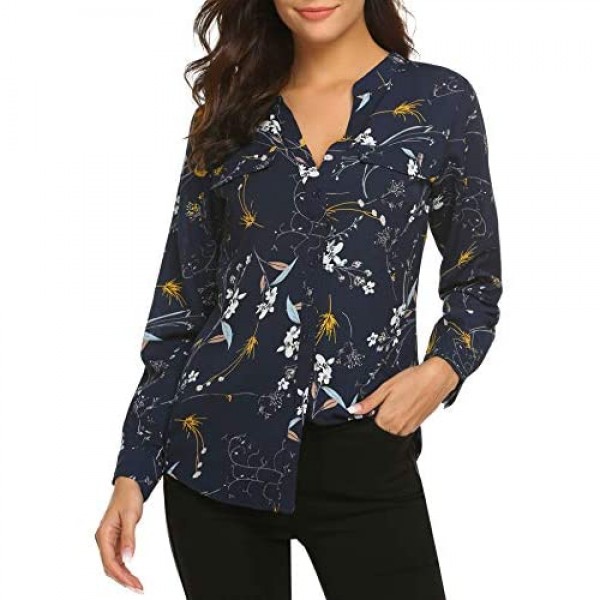 SoTeer Women Long Sleeve Tunic Tops Button Down Chiffon Shirts Floral Printed/Solid Henley V Neck Blouses