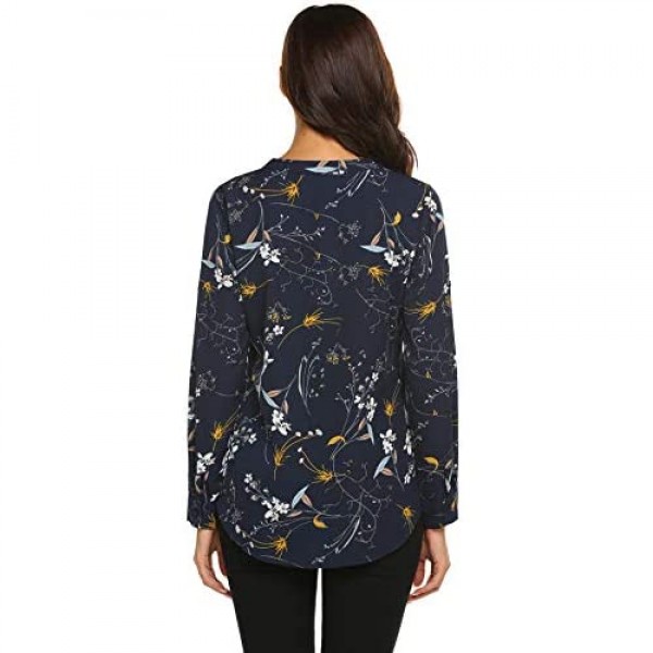 SoTeer Women Long Sleeve Tunic Tops Button Down Chiffon Shirts Floral Printed/Solid Henley V Neck Blouses