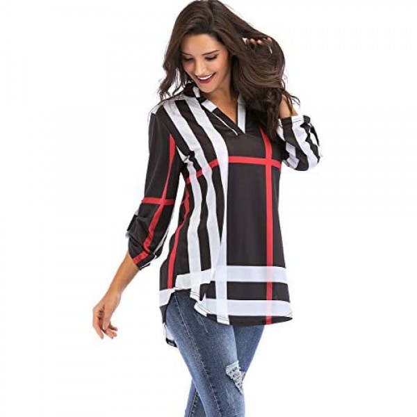 St. Jubileens Women Roll-Up 3/4 Sleeve Plaid Shirt Tunic V Neck Casual Pullover Blouses Tops