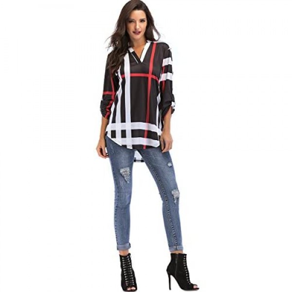 St. Jubileens Women Roll-Up 3/4 Sleeve Plaid Shirt Tunic V Neck Casual Pullover Blouses Tops