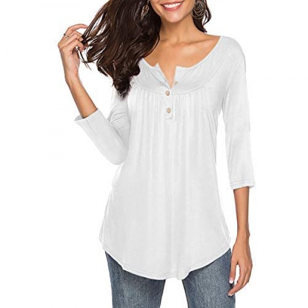 THANTH Womens Shirts Casual Tee V Neck 3/4 Sleeve Button up Loose Fits Tunic Tops Blouses