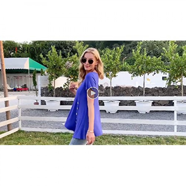 VIISHOW Women's Short Sleeve Scoop Neck Button Side T Shirts Loose Fitting Tunic Solid Color Tops Blouse