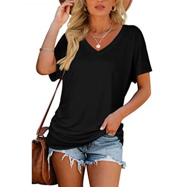 WIHOLL Womens Short Sleeve V Neck Dolman Tops with Side Shirring Loose Fit Shirts