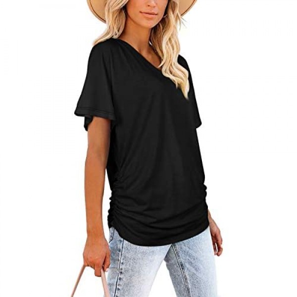 WIHOLL Womens Short Sleeve V Neck Dolman Tops with Side Shirring Loose Fit Shirts