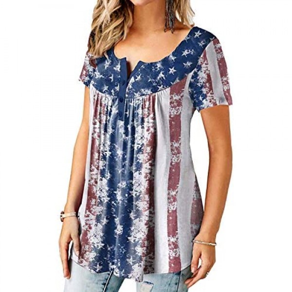 Womens 4th Of July Plus Size Henley T Shirts American Flag Button up Short Sleeve Pleated Casual Summer Tunic Top