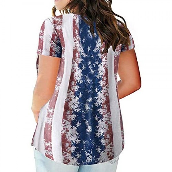 Womens 4th Of July Plus Size Henley T Shirts American Flag Button up Short Sleeve Pleated Casual Summer Tunic Top