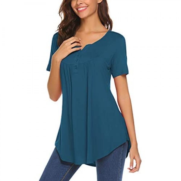 Women's Casual Long Sleeve Henley V-Neck Loose Fit Pleated Tunic Shirt Blouse Tops