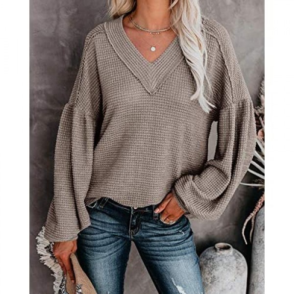 Womens Casual Waffle Knit Shirts Tunic Tops Oversized Sherr V Neck Balloon Sleeve Sweaters Sheer Loose Sweatershirts Blouses