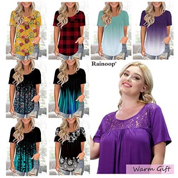 Women's Plus Size Tops Blouses Short Sleeve Shirts Lace Pleated Tunic Tops M-4XL