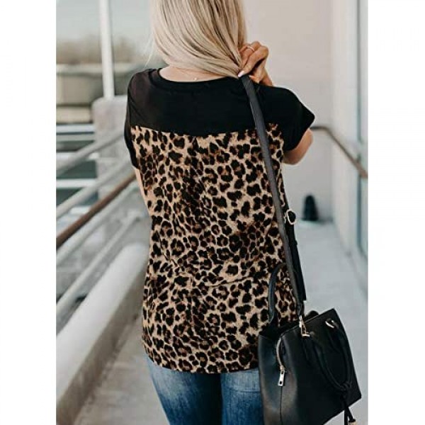 Zecilbo Women's Leopard Print Patchwork V Neck T Shirt Short Sleeve Casual Pocket Blouse