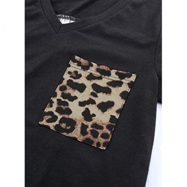 Zecilbo Women's Leopard Print Patchwork V Neck T Shirt Short Sleeve Casual Pocket Blouse