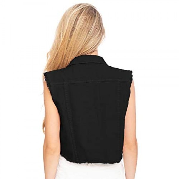 Anna-Kaci Womens Distressed Denim Button Up Sleeveless Crop Vest