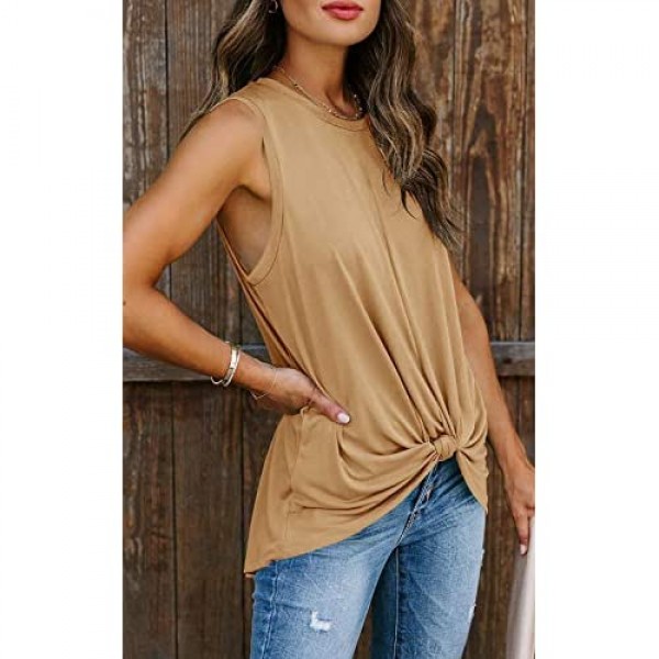 Coutgo Womens Tie Knot Tank Top Crewneck Sleeveless Shirts Plain Casual Loose Summer Camisole