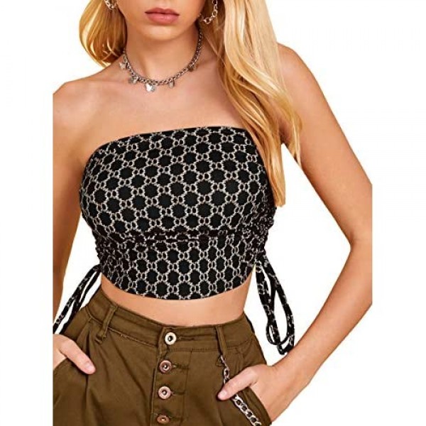 Floerns Women's Strapless Drawstring Side All Over Print Bandeau Crop Tube Top