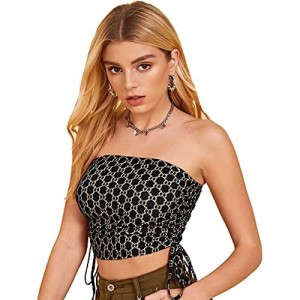 Floerns Women's Strapless Drawstring Side All Over Print Bandeau Crop Tube Top