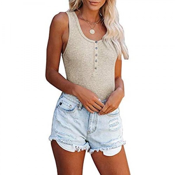 Lailezou Women's V-Neck Spoon Neck Henry Vest Summer Rib Sleeveless Loose Button Camisole Knitted T-Shirt