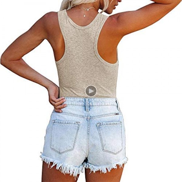 Lailezou Women's V-Neck Spoon Neck Henry Vest Summer Rib Sleeveless Loose Button Camisole Knitted T-Shirt