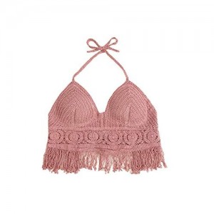MakeMeChic Women's Boho Crochet Fringe Tie Strap Halter Bikini Crop Cami Top