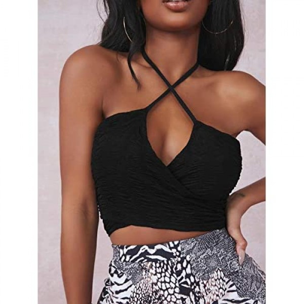 MakeMeChic Women's Solid Cut Out Wrap Halter Vest Tie Back Sleeveless Crop Top
