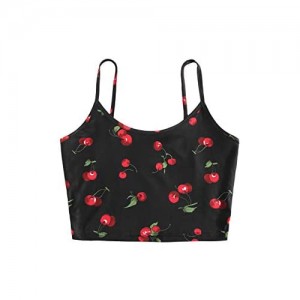 MakeMeChic Women's Summer Cherry Print Spaghetti Strap Sleeveless Cami Crop Top