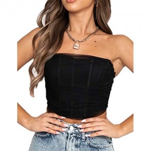 Rozegaga Womens Sexy Gathered Mesh Overlay Strapless Boned Bustier Vest Tube Crop Top