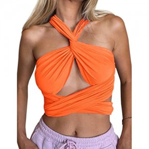 SAFRISIOR Women Crisscross Bandage Crop Top Cut Out Hollow Out Strappy Tie Backless Skinny Party Bustier Crop Top
