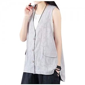 SCOFEEL Women's Linen Vest Button Down Sleeveless Blazer Jacket