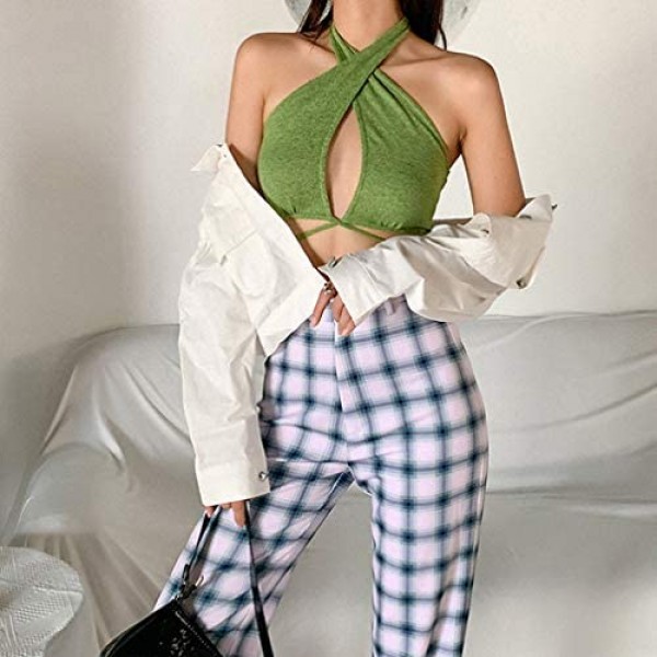 Sdencin Women Sexy Bandage Halter Crop Cami Top Sleeveless Slim Backless Self Wrap Strap Tank Top Vest Streetwear