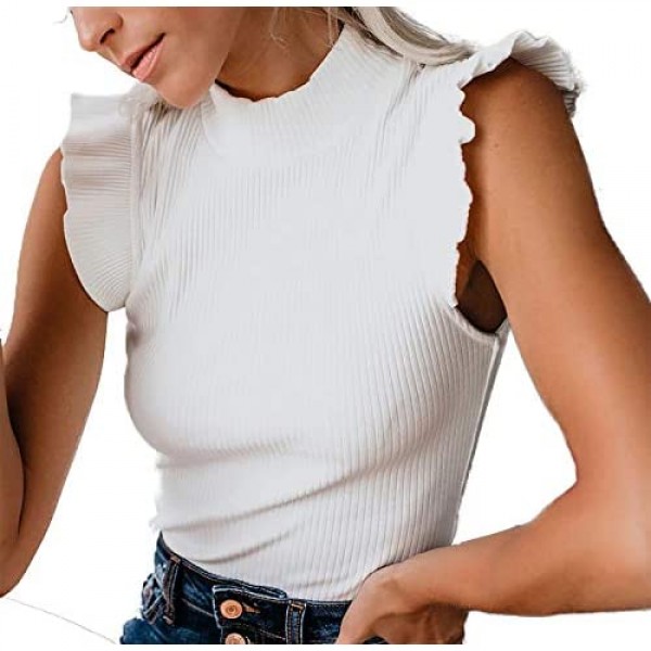 TOTREND Women's Casual Rib Knit Ruffle Shoulder Solid Tank Tops Stand Collar Slim Fit Frilled Crop Bodycon Vest Blouse