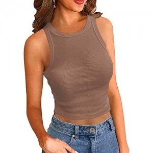 Women Summer Stretch Slim Round Neck Ribbed Tank Basic Solid Top