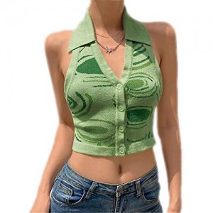 Women's Y2K Style Halter Knitted Sleeveless Blouse Striped Knitted Vest Slim Fit V-Neck Sexy Backless Crop Tops