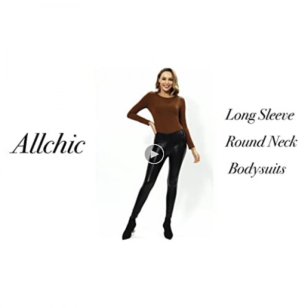 Allchic Womens Long Sleeve Bodysuit Tops Round Neck T Shirt Sexy Jumpsuits
