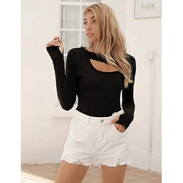 Blooming Jelly Women Long Sleeve Bodysuit Round Neck Basic T Shirt Cut Out Jumpsuit Tops