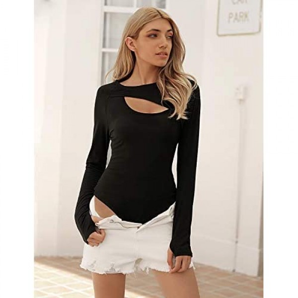 Blooming Jelly Women Long Sleeve Bodysuit Round Neck Basic T Shirt Cut Out Jumpsuit Tops