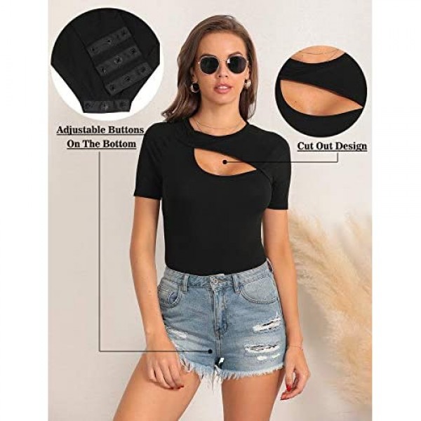 Blooming Jelly Women's Black Bodysuit Short Sleeve T Shirt Basic Round Neck Cut Out Sexy Jumpsuit Tops