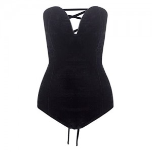 Choies Women's Burgundy/Black Sexy Plunge Neck Strapless Cross Back Velvet Bodysuit