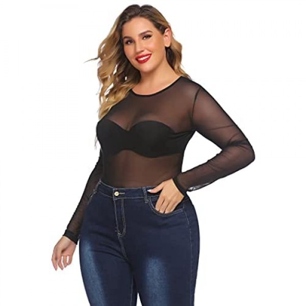 IN'VOLAND Women Plus Size See Through Bodysuit Long Sleeve Slim Fit Mesh Leotard Top Bodycon Tops for Clubwear
