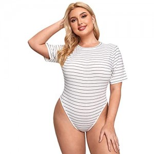 Romwe Women's Plus Size Striped Short Sleeve Round Neck T Shirt Bodysuit Tops