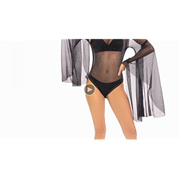 Romwe Women's Sexy Backless Bell Sleeve Glitter Sheer Mesh Bodysuit