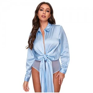 SheIn Women's Bow Tie Satin Bodysuit Plunging Neck Sexy Long Sleeve Blouse Top