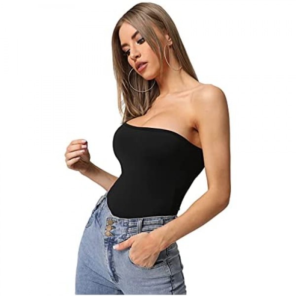 SheIn Women's Sexy One Shoulder Off Sleeveless Spaghetti Strap Tank Top Bodysuit