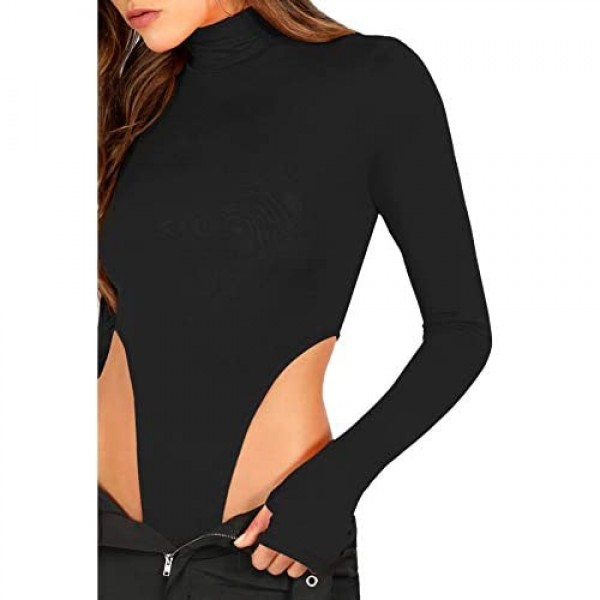 SOLY HUX Women's High Neck High Cut Solid Fitted Long Sleeve Skinny Bodysuit
