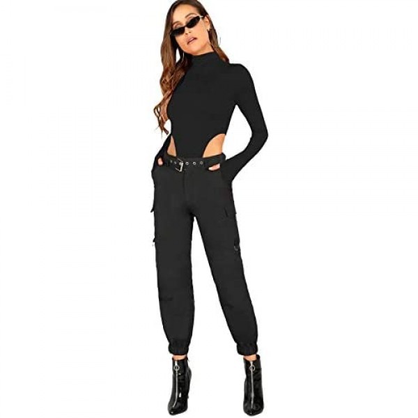 SOLY HUX Women's High Neck High Cut Solid Fitted Long Sleeve Skinny Bodysuit