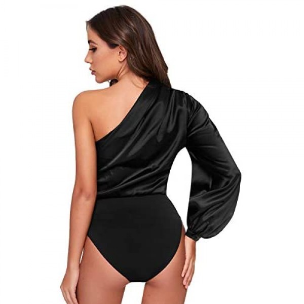 SOLY HUX Women's One Shoulder Long Sleeve High Waist Satin Bodysuit Leotard