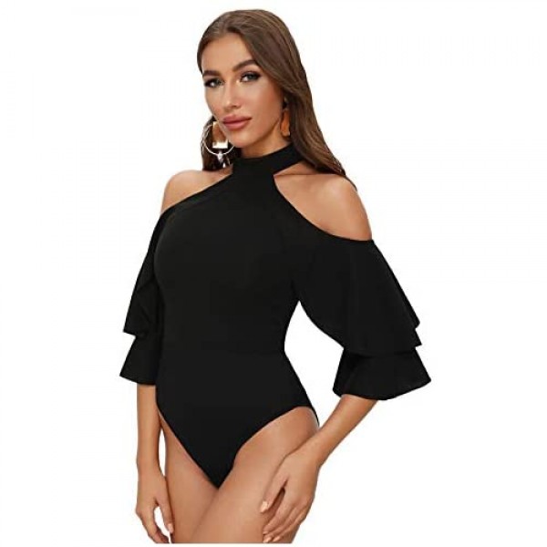 SOLY HUX Women's Ruffle Trim Cold Shoulder Halter Half Sleeve Skinny Bodysuit Black XL