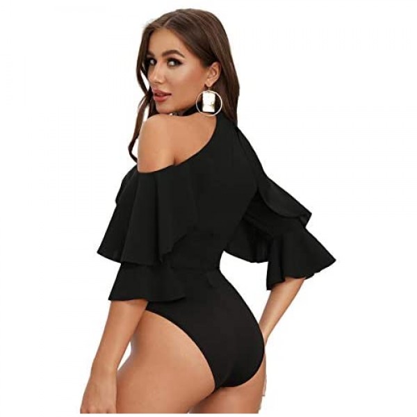 SOLY HUX Women's Ruffle Trim Cold Shoulder Halter Half Sleeve Skinny Bodysuit Black M